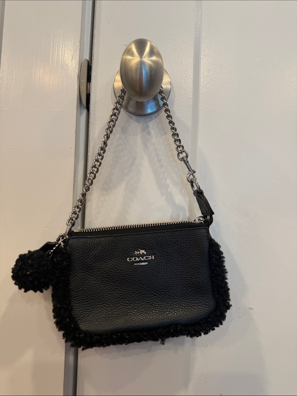 Coach Black Leather Mini Wristlet with Shearling Trim